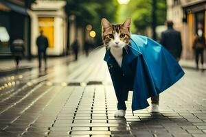 a cat wearing a blue coat on a street. AI-Generated photo