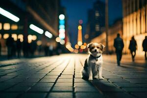 a dog sitting on the street at night. AI-Generated photo