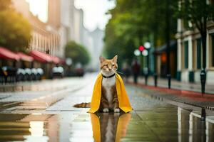 a cat wearing a yellow cape on a rainy street. AI-Generated photo