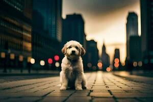 a dog sitting on the street in front of a city. AI-Generated photo