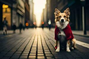 a dog wearing a red coat sits on the street. AI-Generated photo