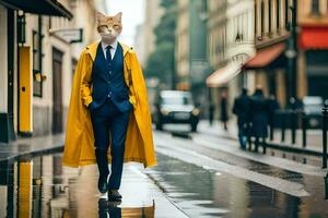 a man in a yellow raincoat and tie walking down a street. AI-Generated photo