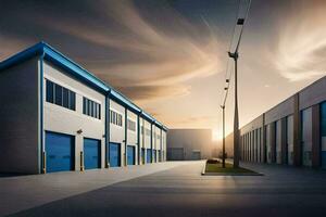 a large warehouse with blue doors and a sky. AI-Generated photo