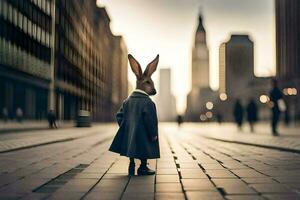 a rabbit wearing a coat and hat stands in the middle of a city street. AI-Generated photo