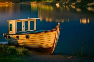 a boat sits on the shore of a lake at night. AI-Generated photo