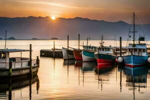 boats docked at the shore of a lake at sunset. AI-Generated photo