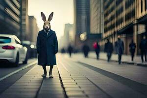 un Conejo vistiendo un traje y Corbata en un ciudad calle. generado por ai foto