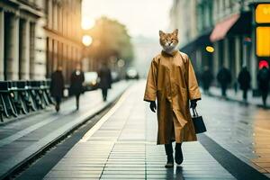 un mujer vistiendo un Saco y un gato máscara caminando abajo un calle. generado por ai foto