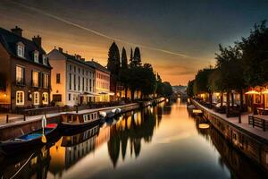 a canal at sunset with boats and buildings. AI-Generated photo