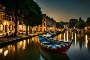 a boat is docked on a canal at night. AI-Generated photo