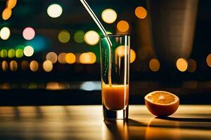 orange juice in a glass with a straw. AI-Generated photo