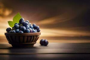 grapes in a basket on a wooden table. AI-Generated photo