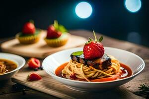 a plate of spaghetti with meat and strawberries. AI-Generated photo