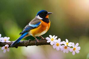 un vistoso pájaro se sienta en un rama con flores generado por ai foto