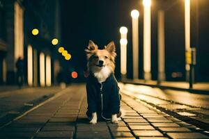 a dog in a jacket sitting on the street at night. AI-Generated photo