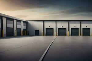 a large warehouse with two doors and a sky. AI-Generated photo