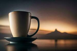 un taza de café en un platillo en frente de un montaña. generado por ai foto