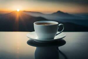 un taza de café en un mesa con montañas en el antecedentes. generado por ai foto