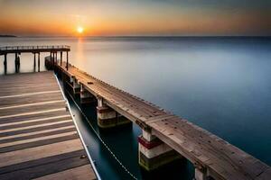 a pier at sunset with a wooden dock. AI-Generated photo