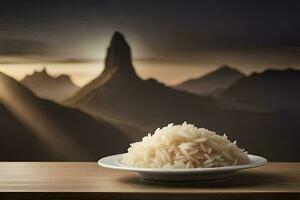 un plato de arroz en un mesa en frente de montañas. generado por ai foto