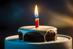 a chocolate cake with a single candle on top. AI-Generated photo