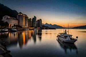 a boat is docked in the water at sunset. AI-Generated photo