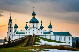 the white church with blue domes is on a hill. AI-Generated photo