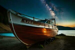 a boat sits on the shore at night. AI-Generated photo