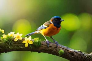 a colorful bird sits on a branch with yellow flowers. AI-Generated photo
