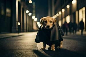 un perro vistiendo un capa en el calle a noche. generado por ai foto