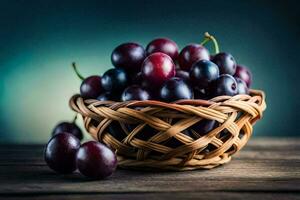 uvas en un cesta en un de madera mesa. generado por ai foto