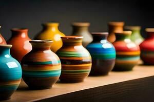 a row of colorful vases on a wooden shelf. AI-Generated photo