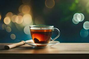 a cup of tea on a wooden table with a bokeh background. AI-Generated photo