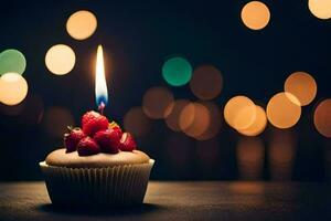 a cupcake with a single candle on top. AI-Generated photo