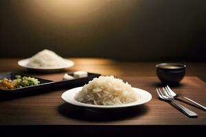 a table with two plates of rice and a cup of tea. AI-Generated photo