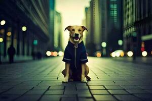 un perro vistiendo un chaqueta se sienta en el calle. generado por ai foto