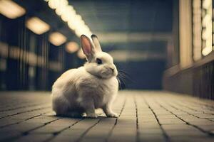 a white rabbit sitting on a brick floor. AI-Generated photo