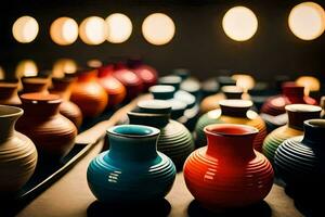 colorful vases are lined up in a row. AI-Generated photo