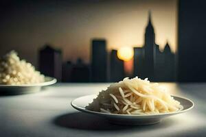 two plates with rice on a table in front of a city skyline. AI-Generated photo