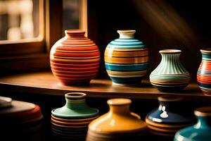 colorful vases on a shelf in a window. AI-Generated photo