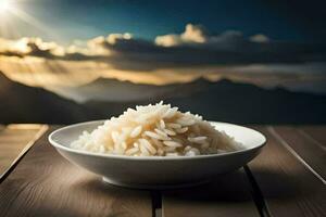 a bowl of rice on a table in front of a mountain. AI-Generated photo