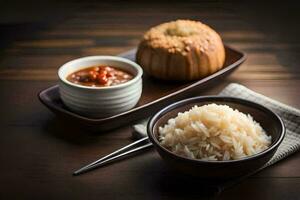 el arroz es servido en un cuenco con un cuchara y palillos. generado por ai foto