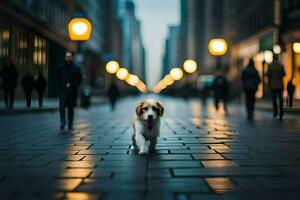 a dog walking down a city street at night. AI-Generated photo