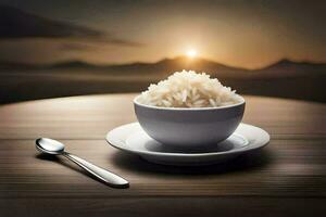 arroz en un cuenco con un cuchara en un de madera mesa. generado por ai foto