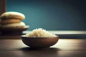 rice in a bowl on a table. AI-Generated photo