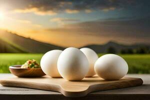 five eggs on a cutting board with a bowl of salsa. AI-Generated photo