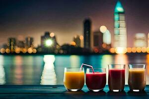 Tres lentes de jugo con un ciudad horizonte en el antecedentes. generado por ai foto