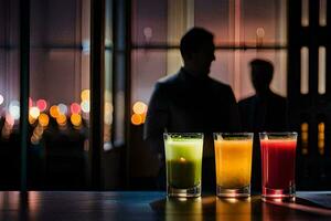 three glasses of juice on a table in front of a man. AI-Generated photo