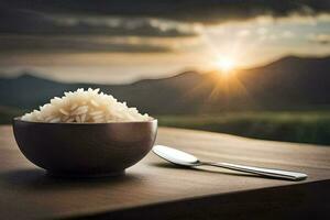 arroz en un cuenco en un mesa. generado por ai foto