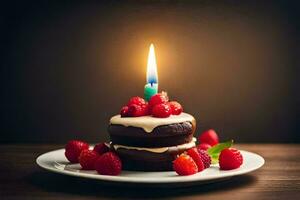 birthday cake with candle on top of chocolate frosting. AI-Generated photo